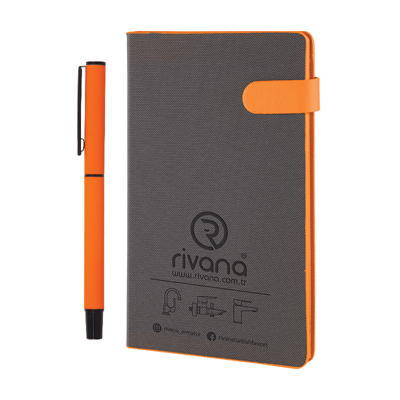 Promosyon Hediyelik Set  13x21 Renkli Kenar Not Defteri Metal Rubber Gövde Roller Kalem